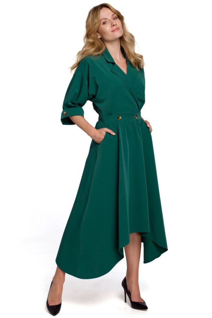 Sukienka Midi - Asymetryczna Rękaw 3/4 - zielona